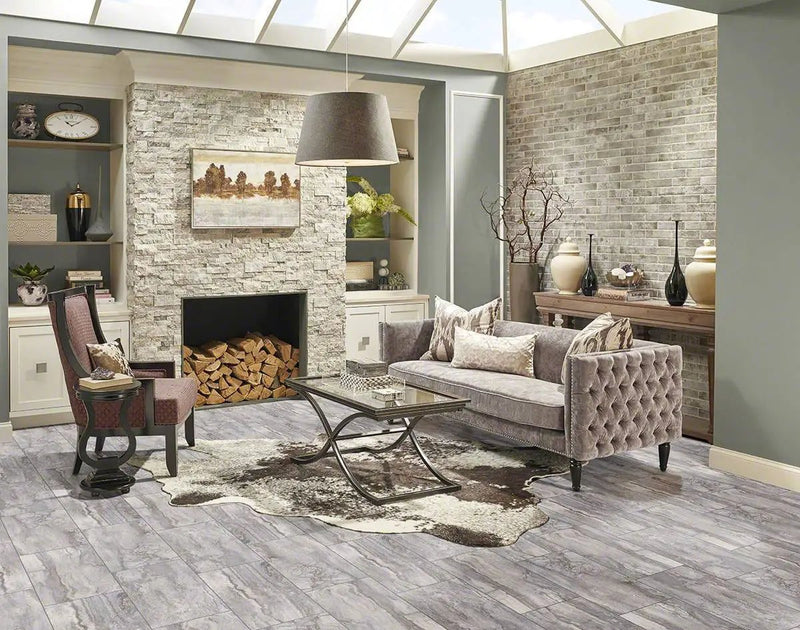 Bernini Carbone Polished Travertine Look Porcelain Mosaics 2x4 in a finished room