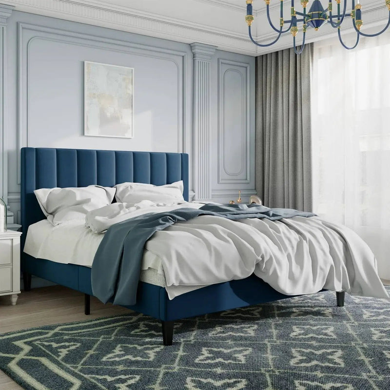 Full size Modern Navy Blue Velvet Upholstered Platform Bed with Headboard by HomePacific