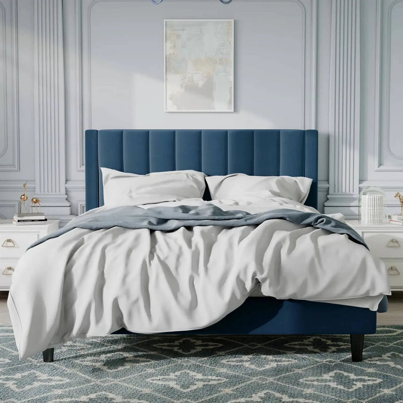 Full size Modern Navy Blue Velvet Upholstered Platform Bed with Headboard by HomePacific