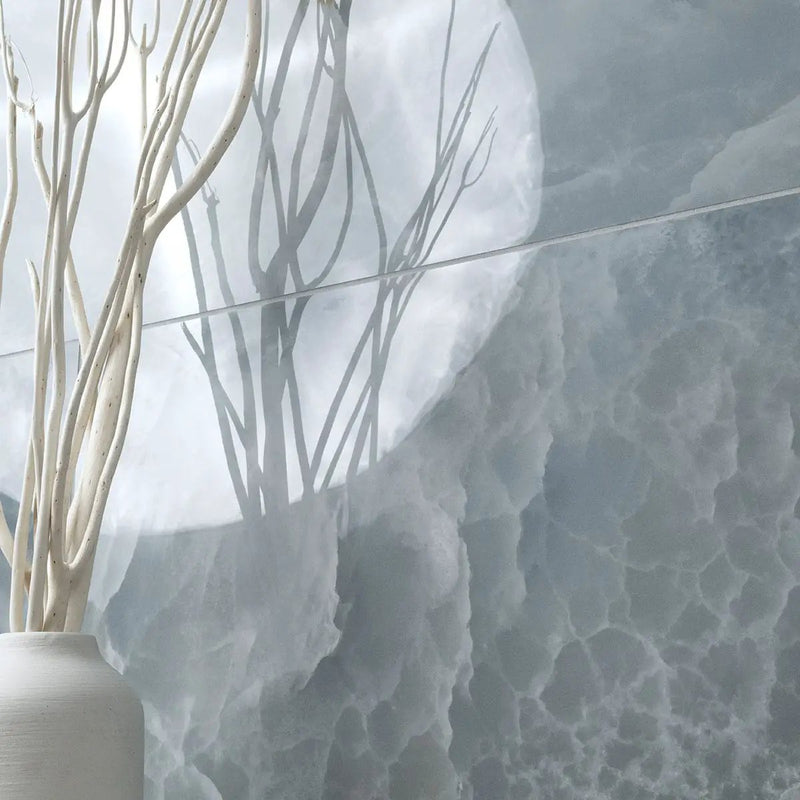 Exotika Biotite Polished Marble Look Porcelain Tiles 24x48 in a finished room