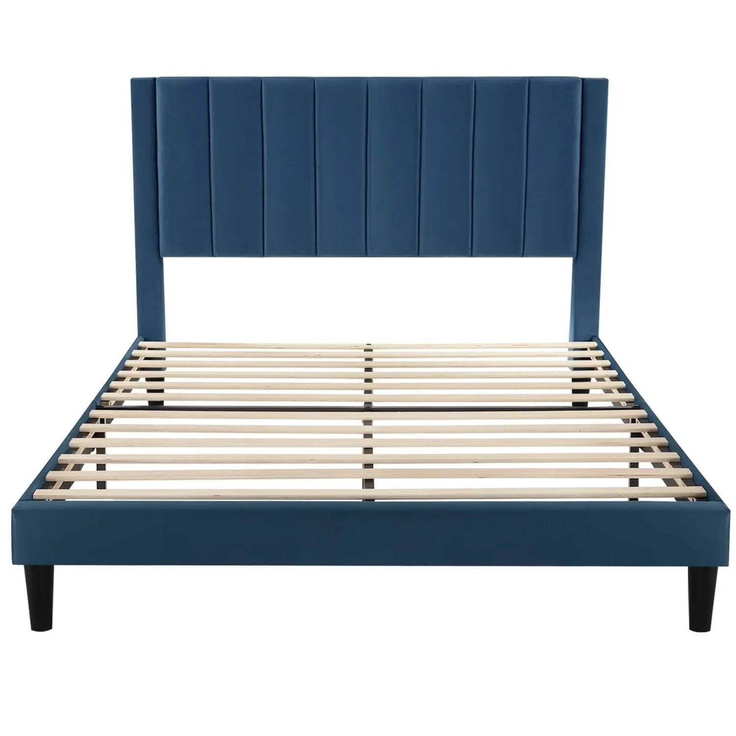 Queen size Modern Navy Blue Velvet Upholstered Platform Bed with Headboard by HomePacific