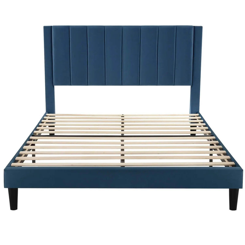 Queen size Modern Navy Blue Velvet Upholstered Platform Bed with Headboard by HomePacific