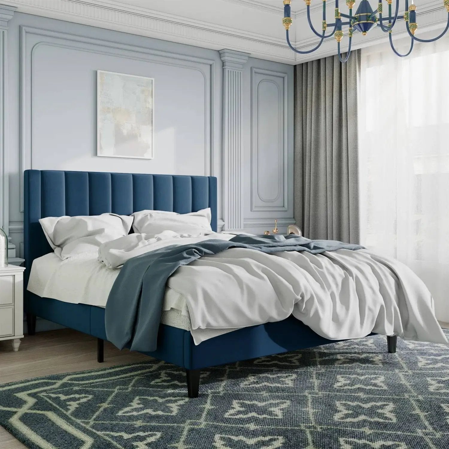 Queen size Modern Navy Blue Velvet Upholstered Platform Bed with Headboard by HomePacific