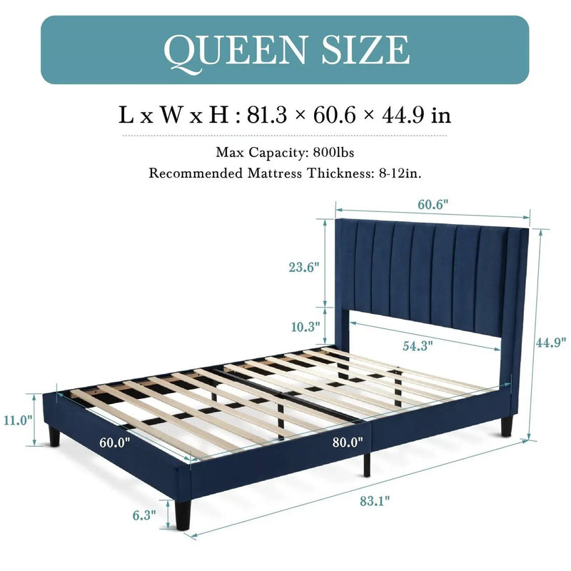 Queen size Modern Navy Blue Velvet Upholstered Platform Bed with Headboard by HomePacific