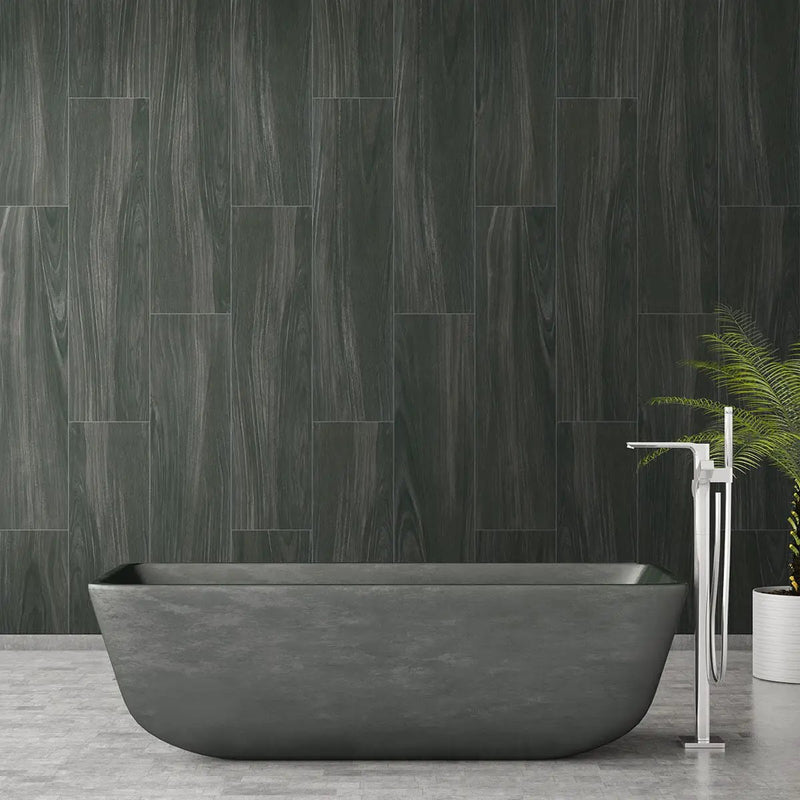 Braxton Midnight Matte Wood Look Porcelain Tiles 10x40 in a finished room
