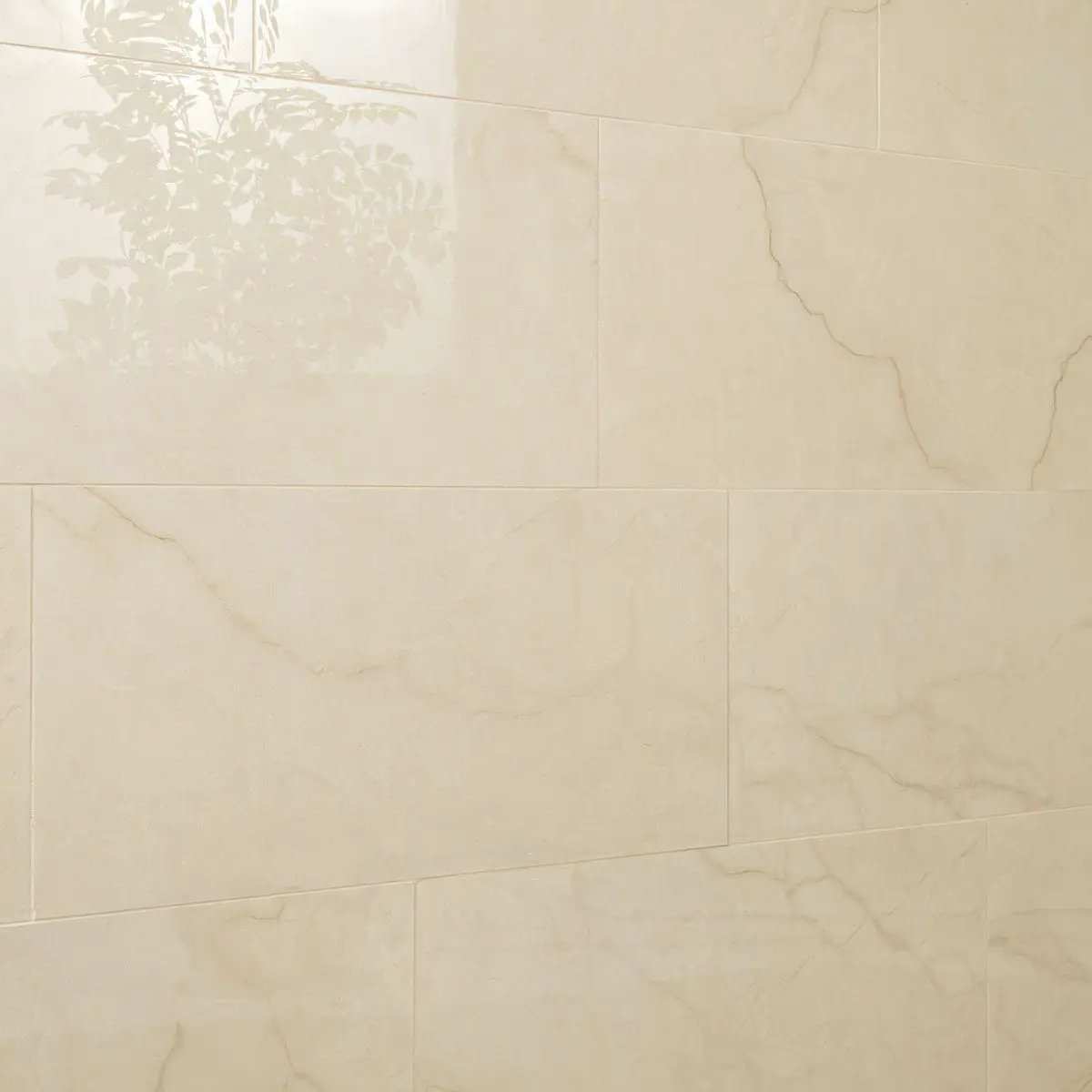 Brighton Crema Polished Porcelain Tiles 12x24 in a finished room