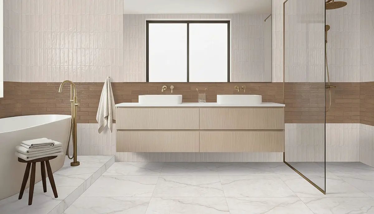 Brighton Gold Matte Porcelain Tiles 12x24 in a finished room
