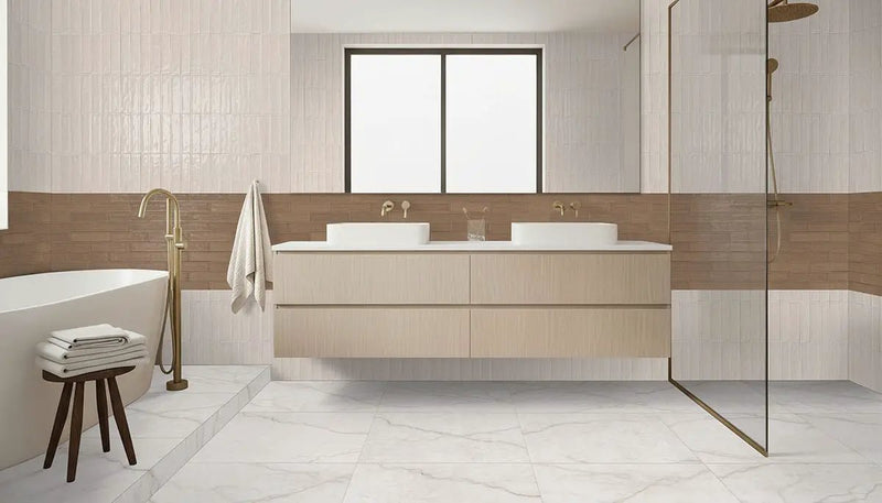 Brighton Gold Matte Porcelain Tiles 12x24 in a finished room
