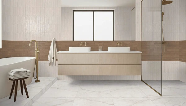 Brighton Gold Matte Porcelain Tiles 24x48 in a finished room
