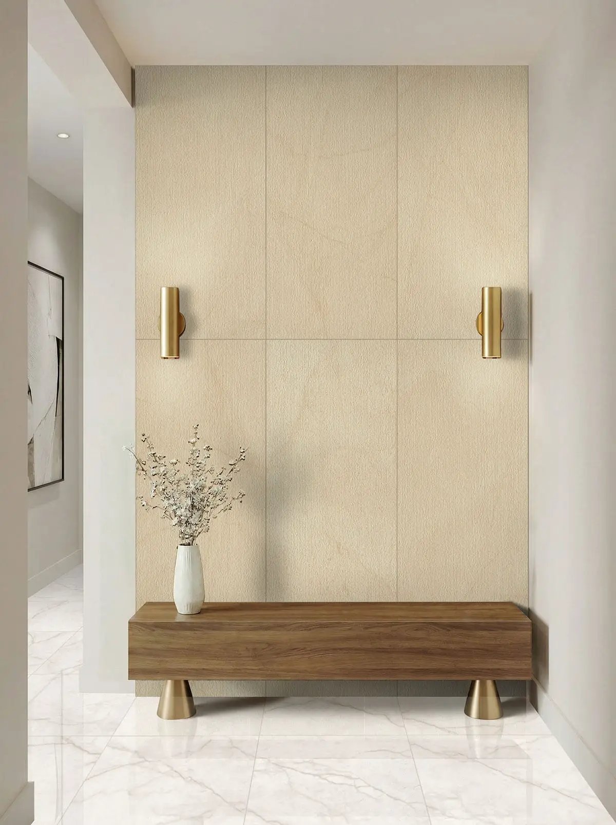 Brighton Gold Matte Porcelain Tiles 12x24 in a finished room