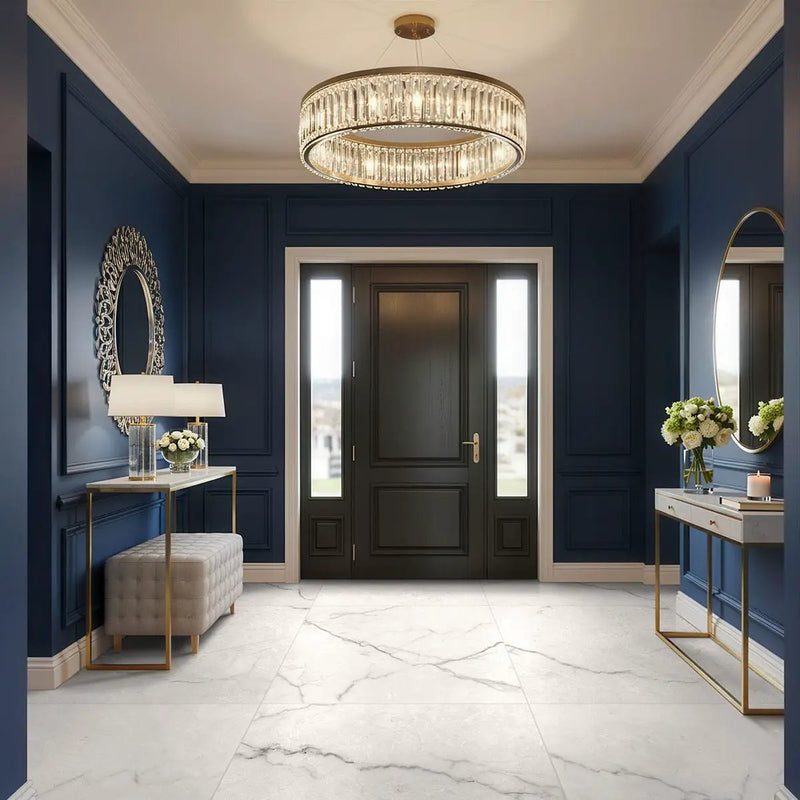 Brighton Grey Polished Porcelain Tiles 24x48 in a finished room