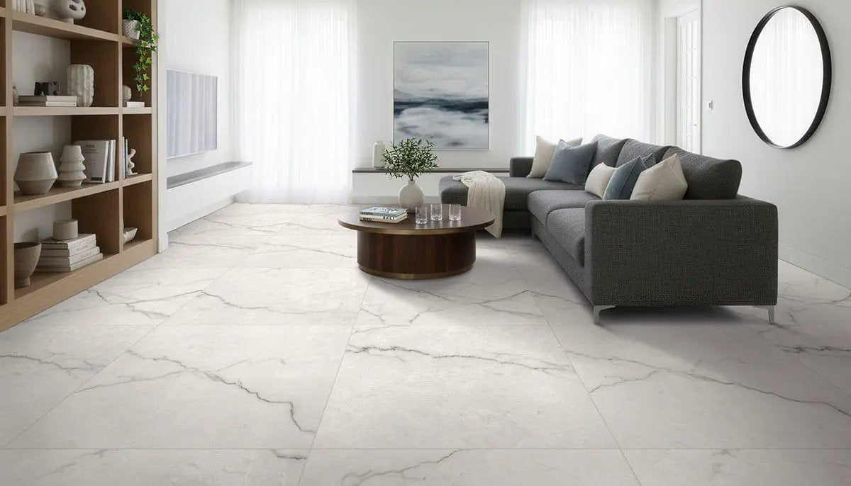 Brighton Grey Polished Porcelain Tiles 12x24 in a finished room