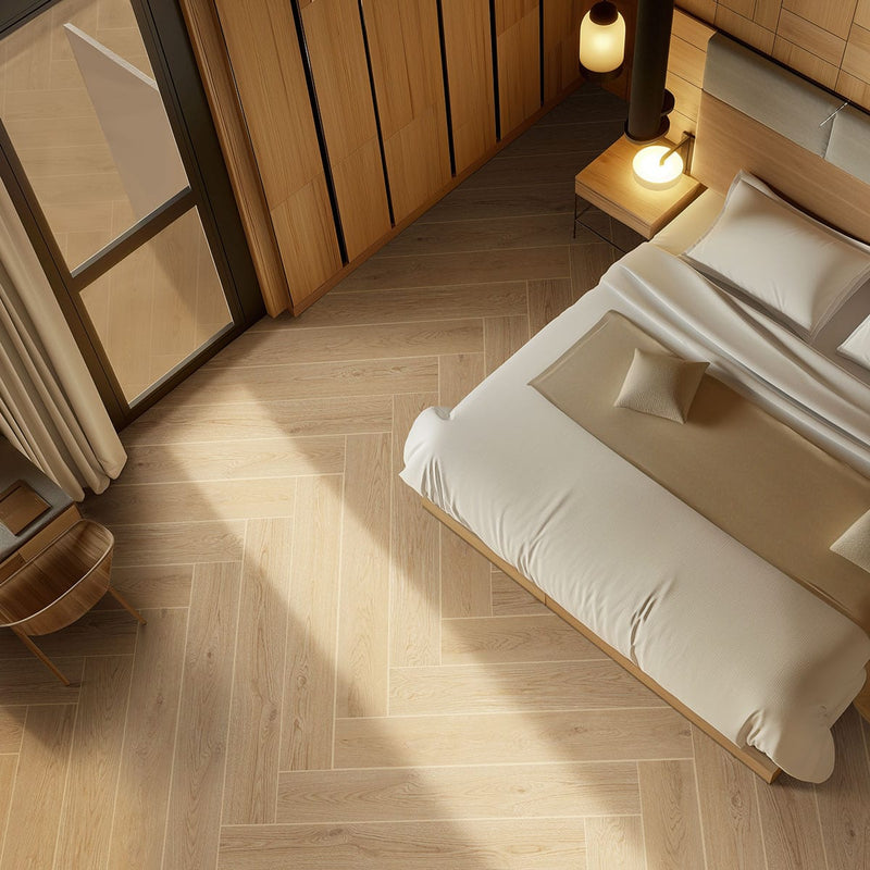 Cabana Blonde 9x47 Matte Wood Look Porcelain Tiles in a finished room