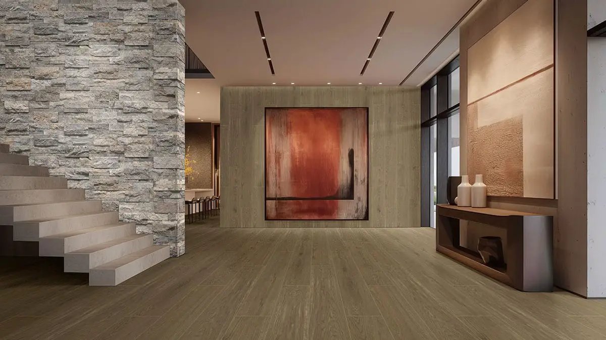 Cabana Honey 9x47 Matte Wood Look Porcelain Tiles in a finished room
