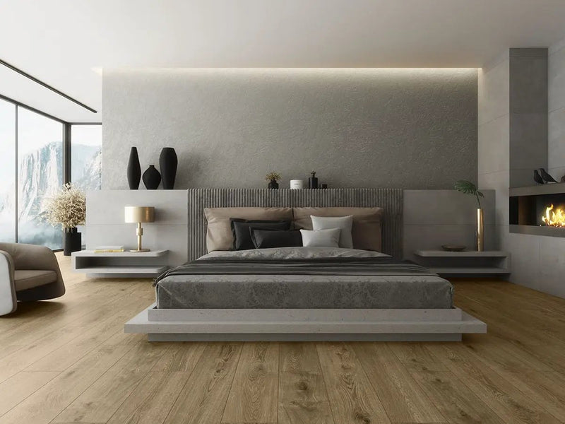 Cabana Honey 9x47 Matte Wood Look Porcelain Tiles in a finished room