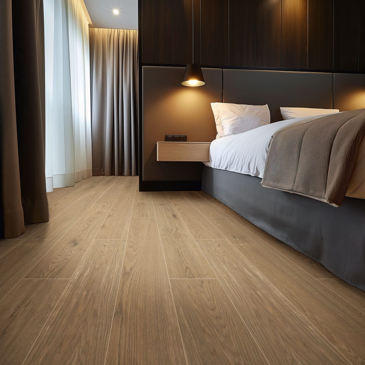 Cabana Honey 9x47 Matte Wood Look Porcelain Tiles in a finished room