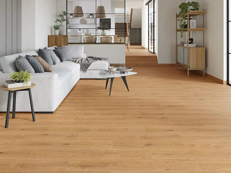 Cabana Tawny 9x47 Matte Wood Look Porcelain Tiles in a finished room