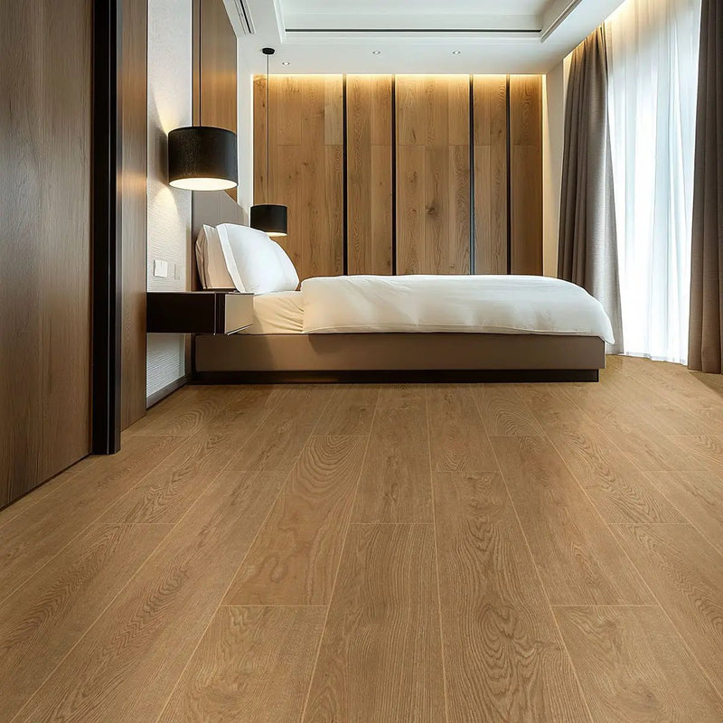 Cabana Tawny 9x47 Matte Wood Look Porcelain Tiles in a finished room