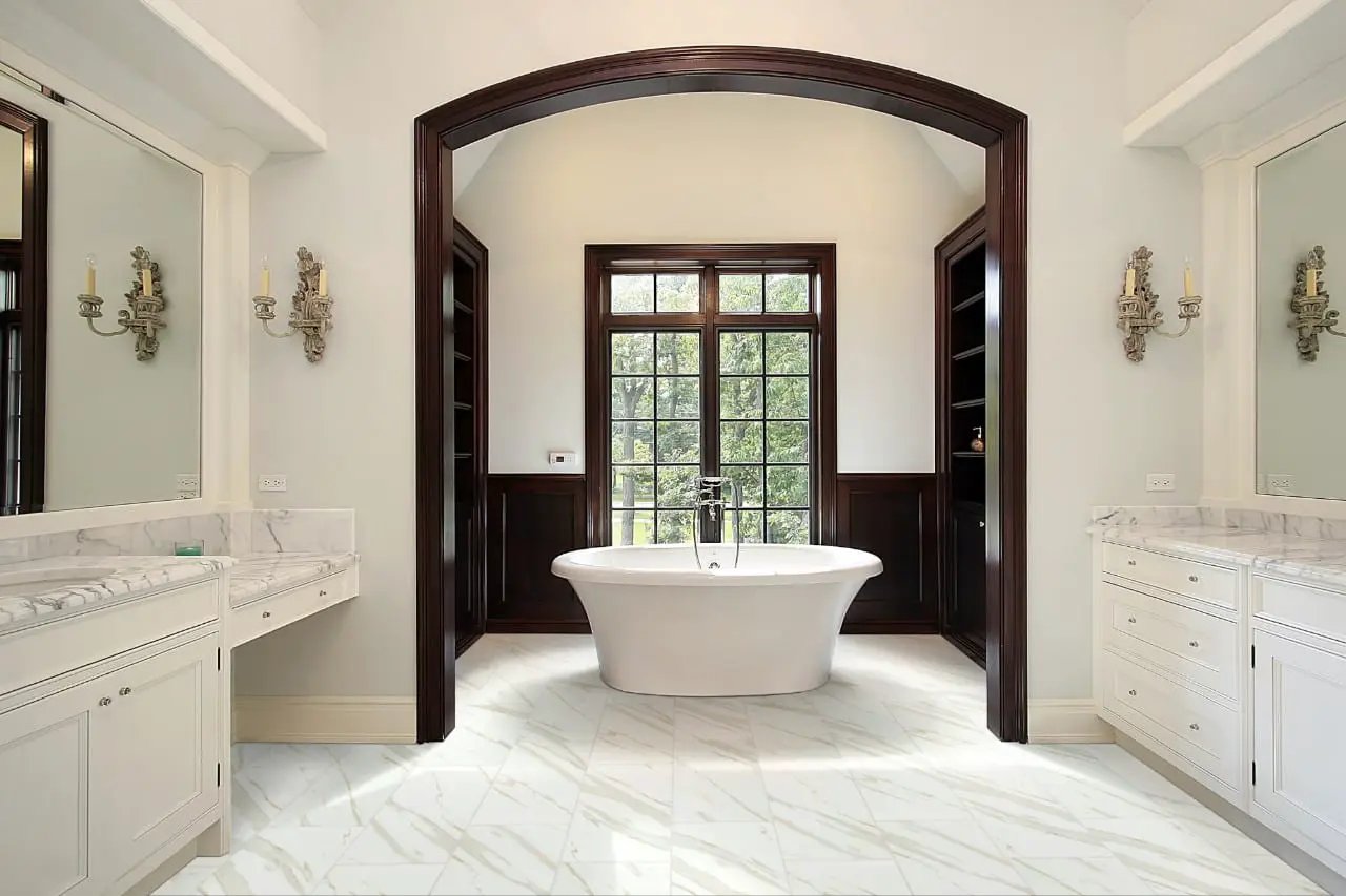Pietra Calacatta Matte Marble Look Porcelain Tiles 24x24 in a finished room