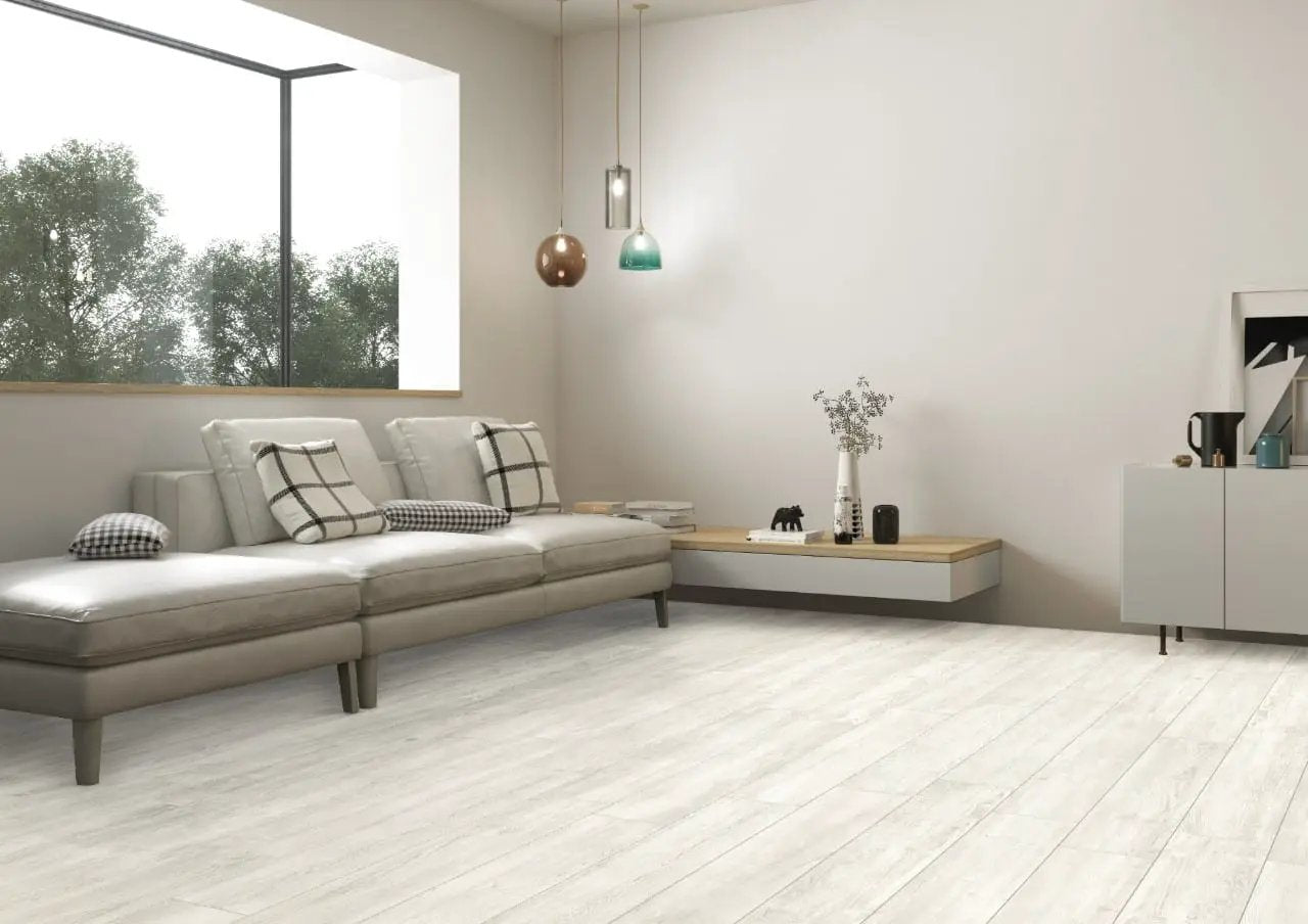 Caldera Blanca Matte Wood Look Porcelain Tiles 8x47 in a finished room