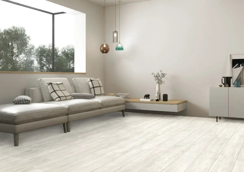 Caldera Blanca Matte Wood Look Porcelain Pavers 16x47 in a finished room