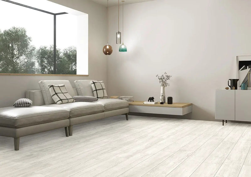 Caldera Blanca Matte Wood Look Porcelain Tiles 8x47 in a finished room