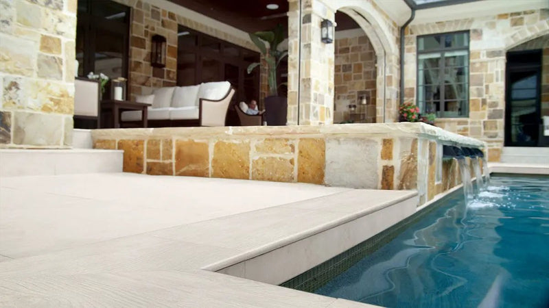 Caldera Blanca Matte Wood Look Porcelain Pool Copings 13x24 in a finished room
