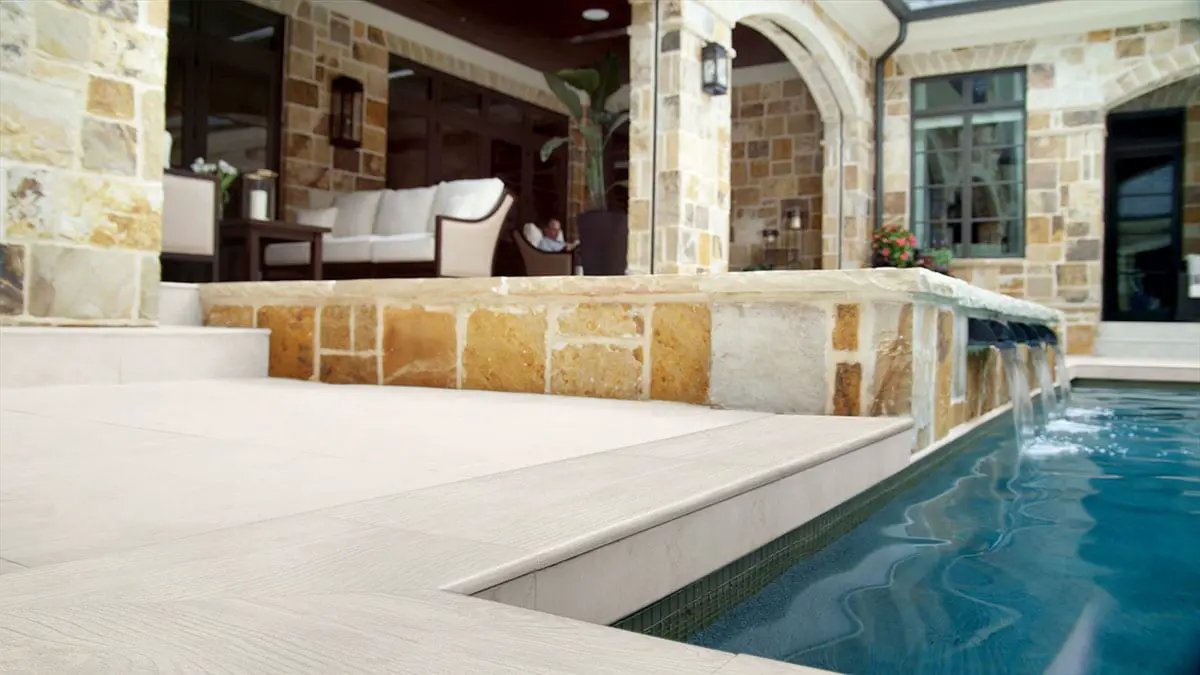 Caldera Blanca Matte Wood Look Porcelain Pavers 16x47 in a finished room