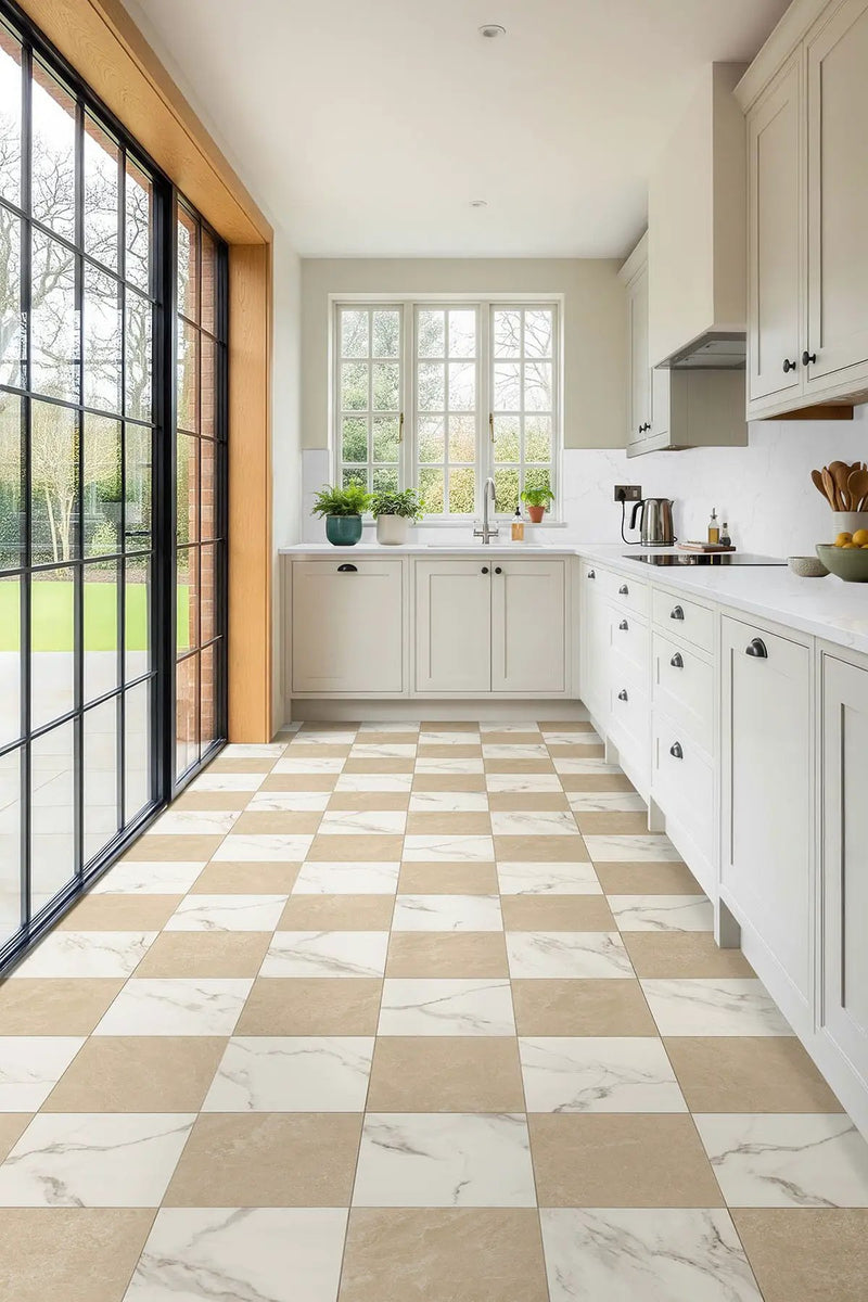 Casa Duet Calacatta Crema Checkered Matte Porcelain Tiles 24x24 in a finished room
