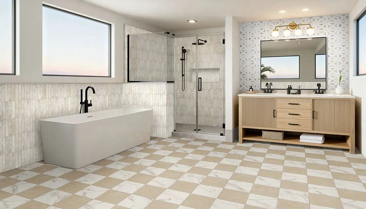 Casa Duet Calacatta Crema Checkered Matte Porcelain Tiles 24x24 in a finished room