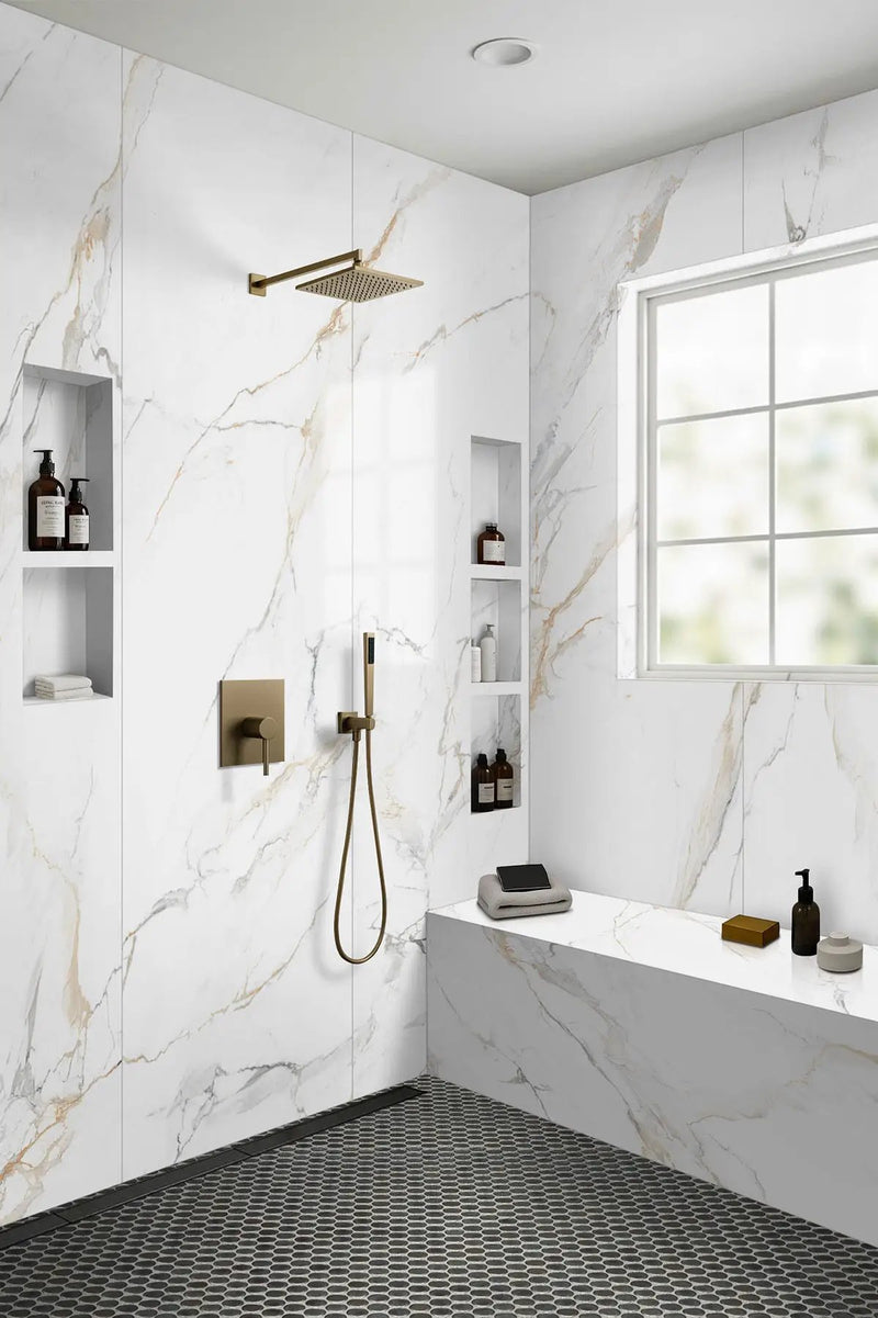 Calacatta Golden Mist Polished Porcelain Tiles 31.5x71 in a finished room