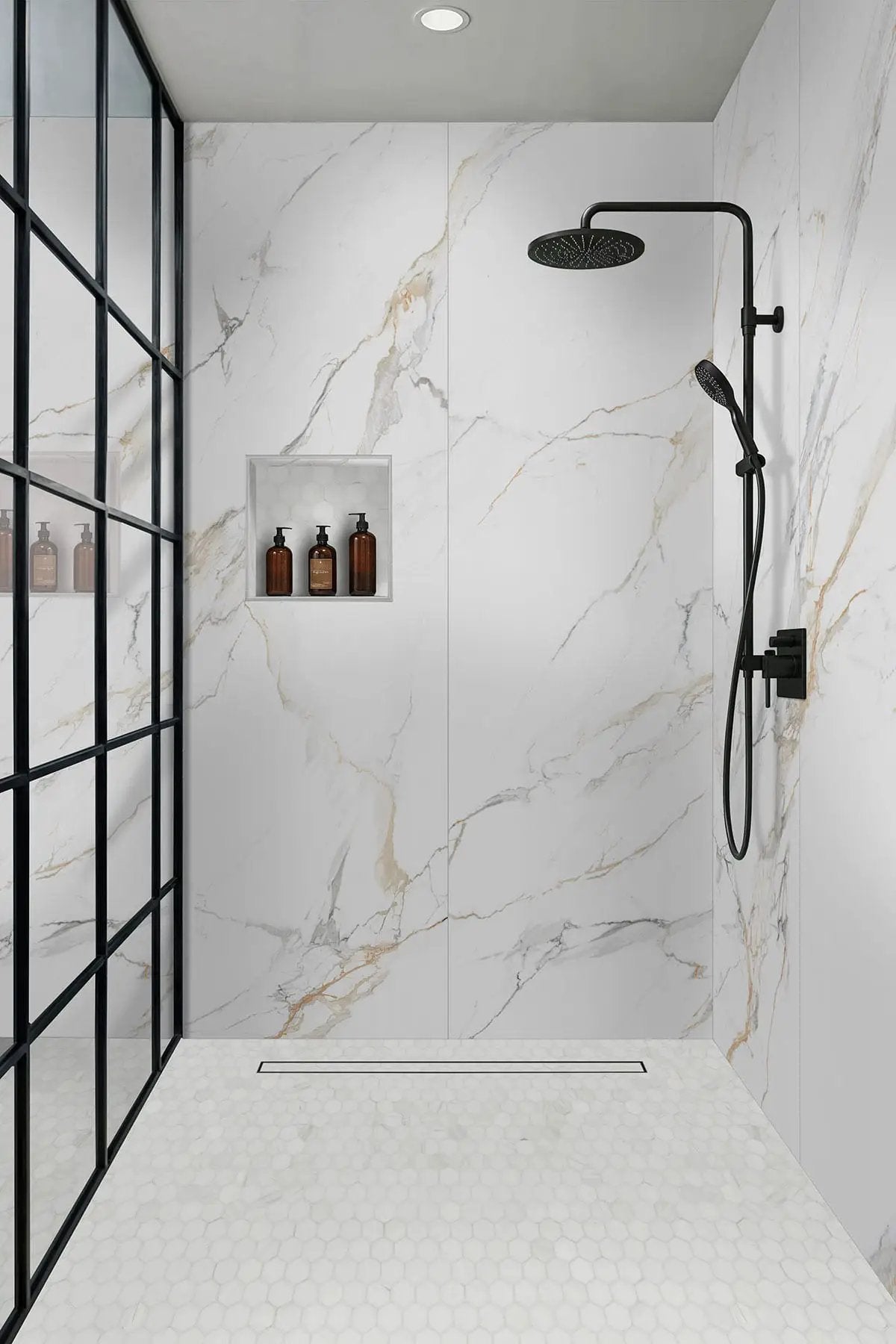 Calacatta Golden Mist Polished Porcelain Tiles 31.5x71 in a finished room