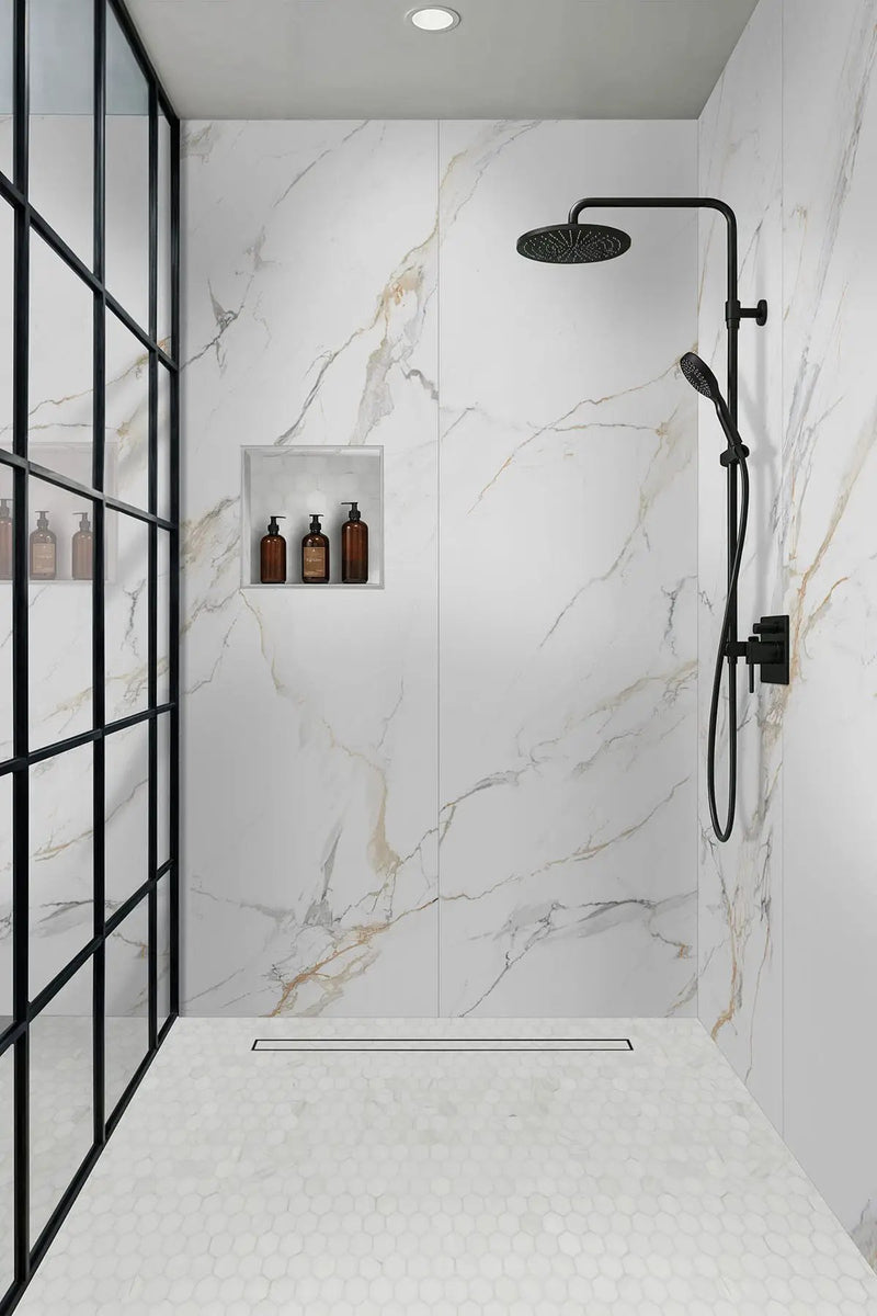 Calacatta Golden Mist Polished Porcelain Tiles 31.5x94.5 in a finished room