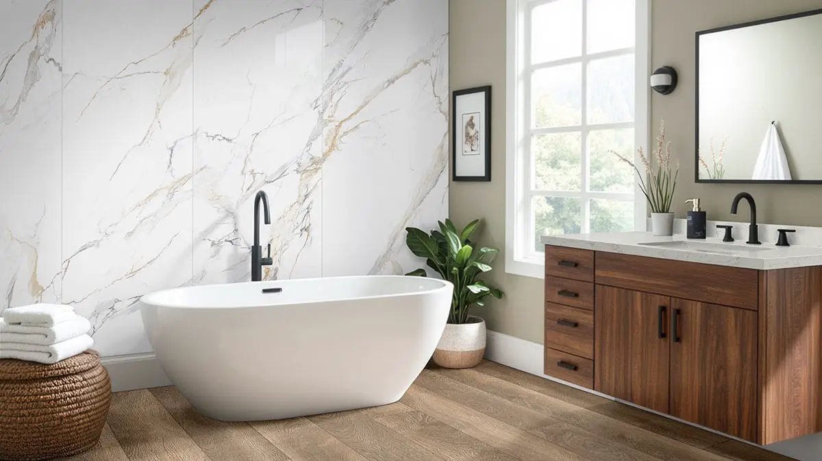 Calacatta Golden Mist Polished Porcelain Tiles 31.5x71 in a finished room