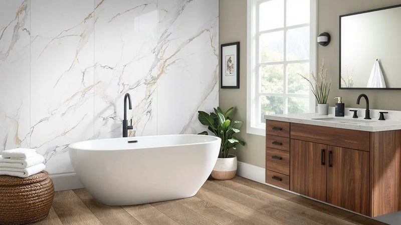 Calacatta Golden Mist Polished Porcelain Tiles 31.5x71 in a finished room