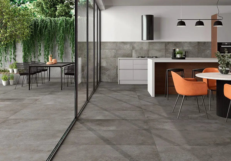 Traktion Calypso Graphite Matte Porcelain Tiles 24x48 in a finished room