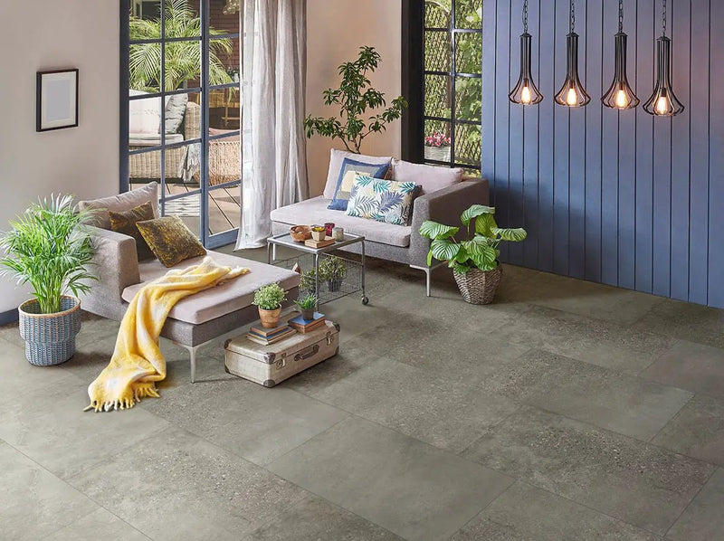 Traktion Calypso Graphite Matte Porcelain Tiles 12x24 in a finished room
