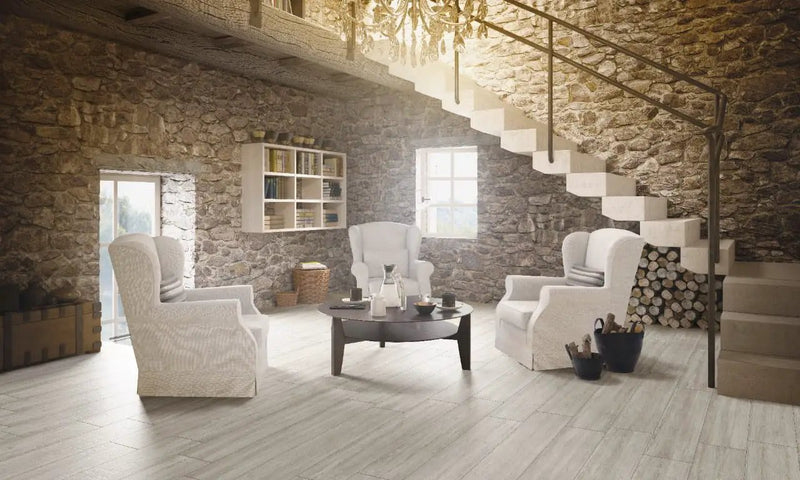 Caldera Grigia Matte Wood Look Porcelain Tiles 8x47 in a finished room