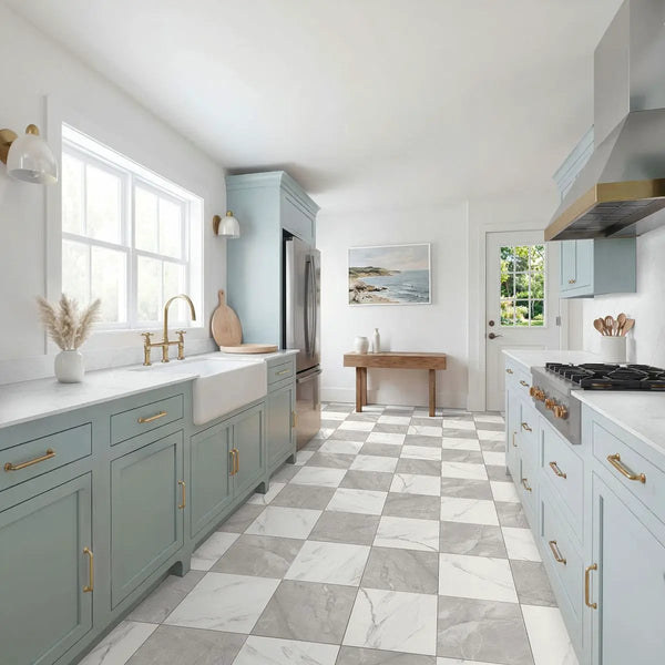 Casa Duet Calacatta Grigio Checkered Matte Porcelain Tiles 24x24 in a finished room