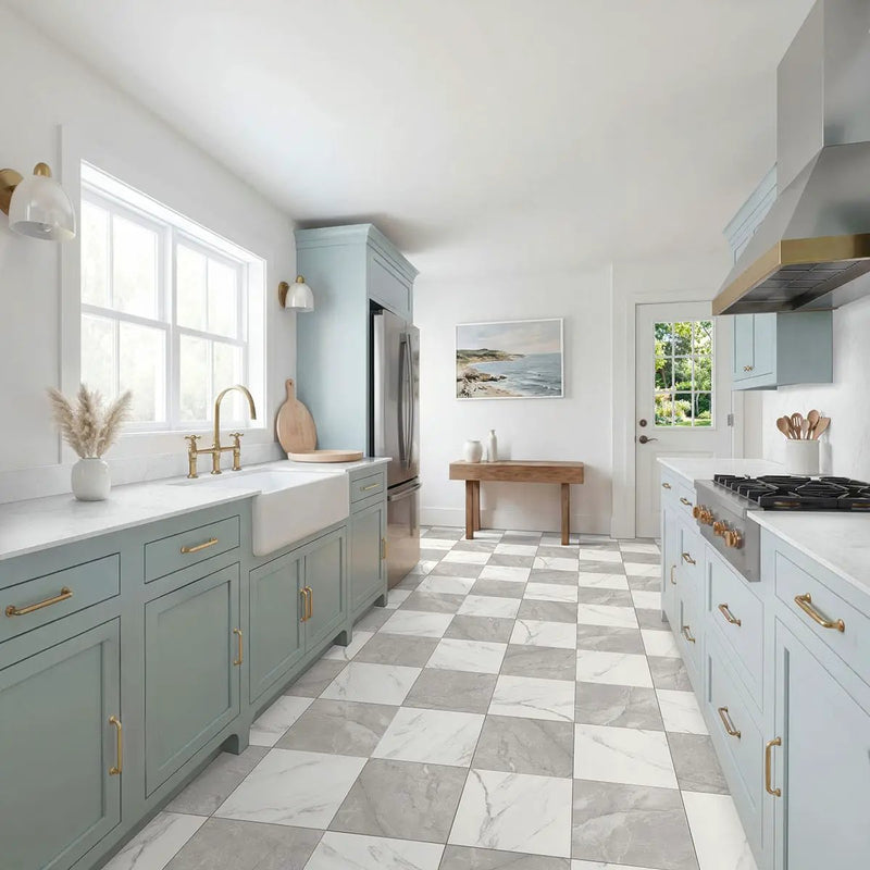 Casa Duet Calacatta Grigio Checkered Matte Porcelain Tiles 24x24 in a finished room