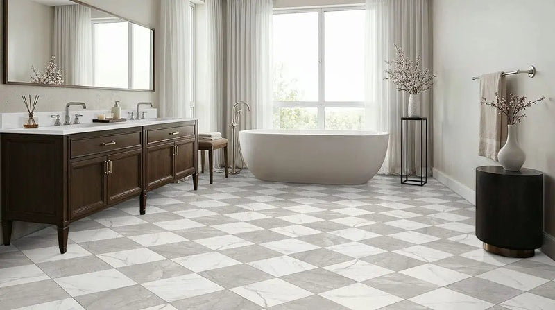 Casa Duet Calacatta Grigio Checkered Matte Porcelain Tiles 24x24 in a finished room