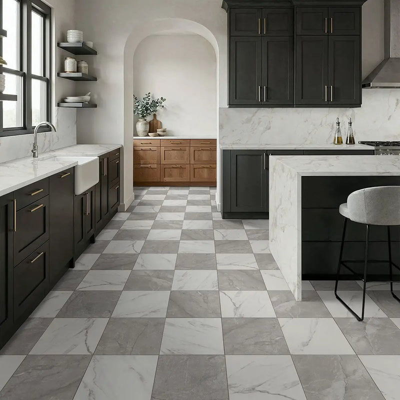 Casa Duet Calacatta Grigio Checkered Matte Porcelain Tiles 24x24 in a finished room