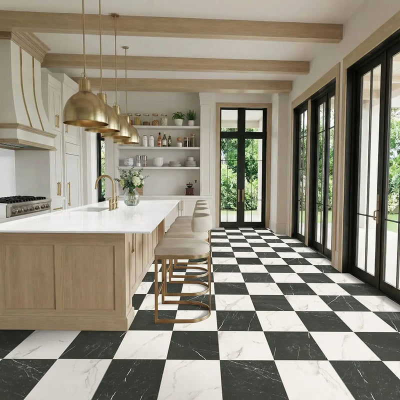 Casa Duet Calacatta Marquina Checkered Matte Porcelain Tiles 24x24 in a finished room