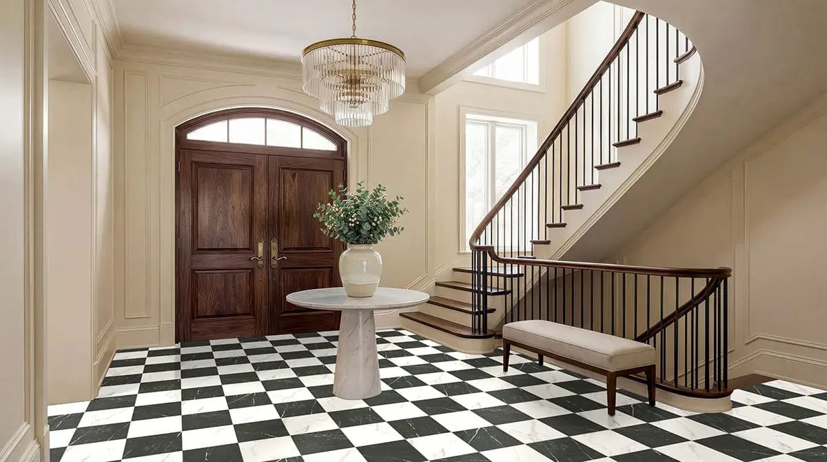 Casa Duet Calacatta Marquina Checkered Matte Porcelain Tiles 24x24 in a finished room