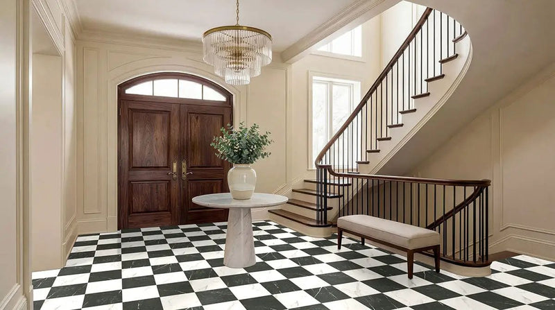 Casa Duet Calacatta Marquina Checkered Matte Porcelain Tiles 24x24 in a finished room