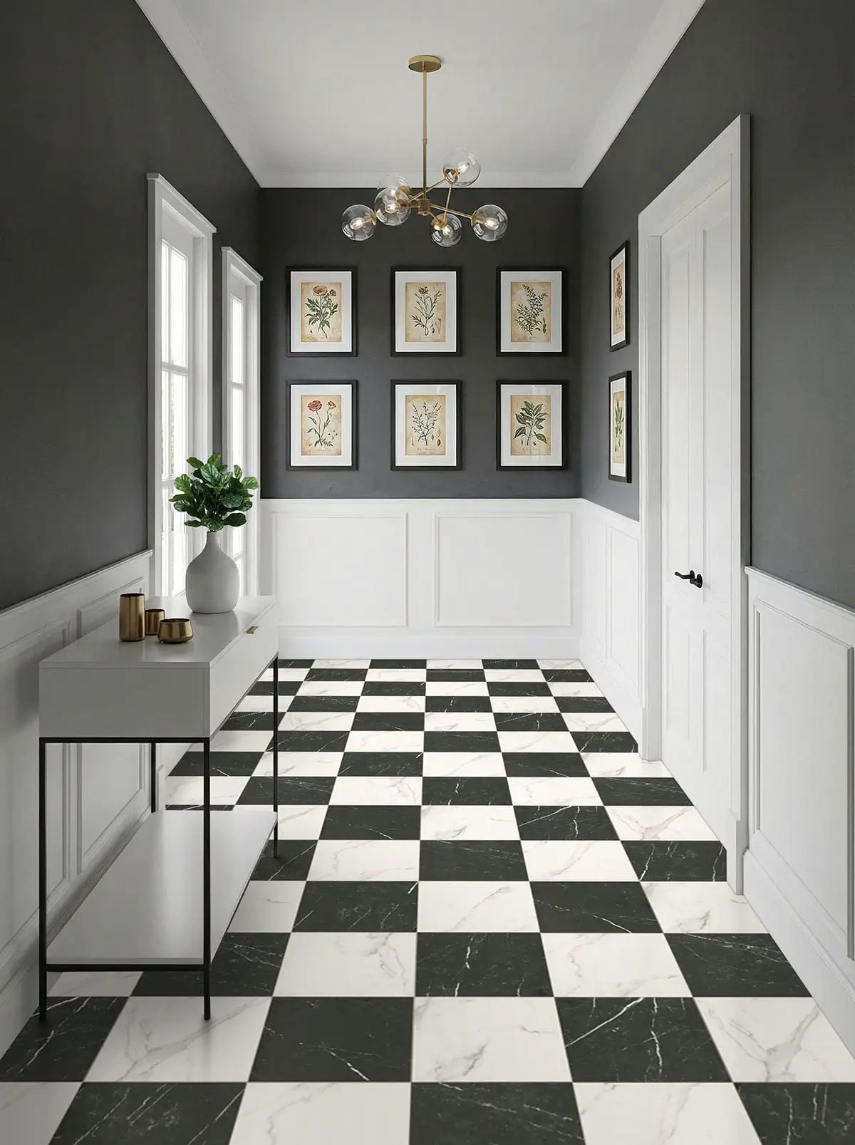Casa Duet Calacatta Marquina Checkered Matte Porcelain Tiles 24x24 in a finished room