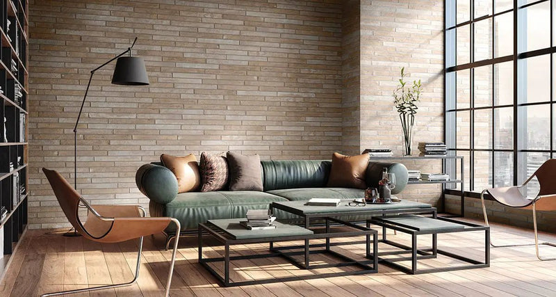 Brickstone Ivory Porcelain Tile 2x10 Matte Brick Mosaics in a finished room