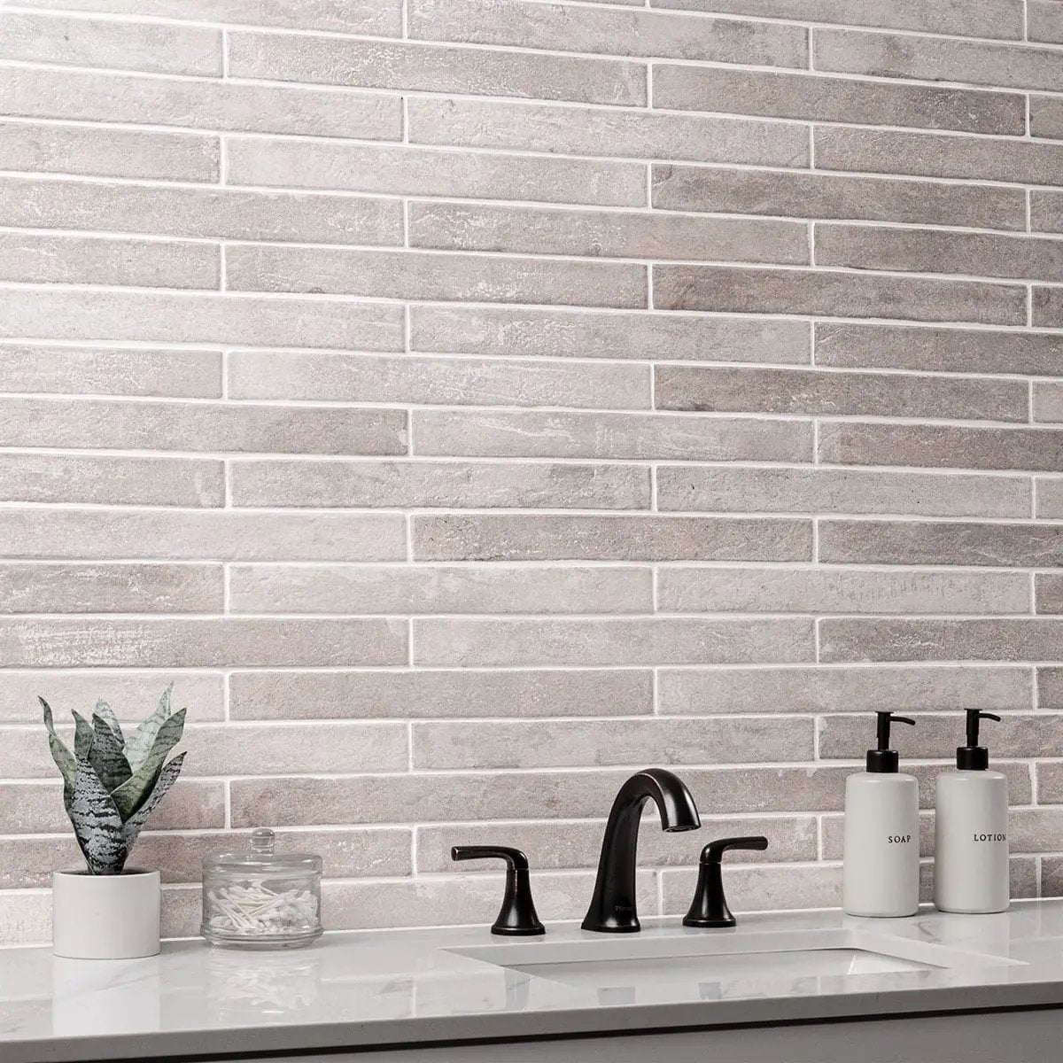 Brickstone Ivory Porcelain Tile 2x10 Matte Brick Mosaics 2x18 in a finished room