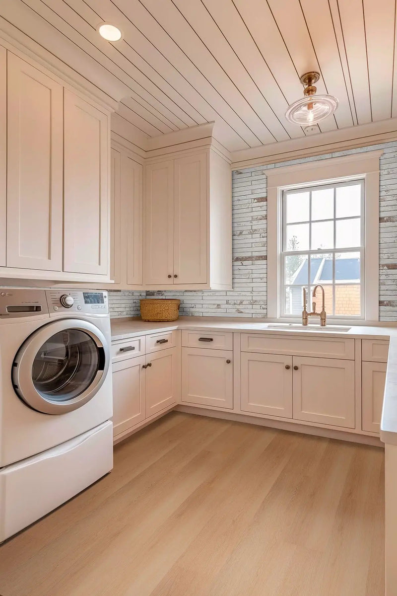 Brickstone Rustique White 2x18 Matte Brick Porcelain Mosaics in a finished room