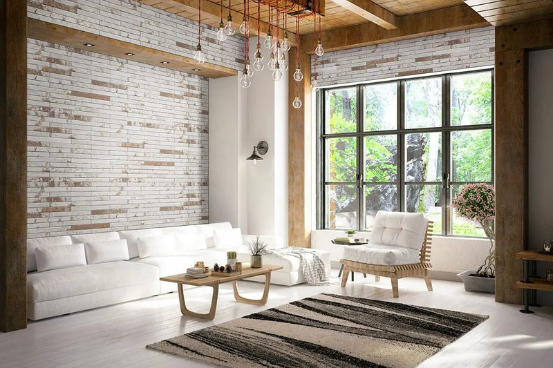 Brickstone Rustique White 2x18 Matte Brick Porcelain Mosaics in a finished room